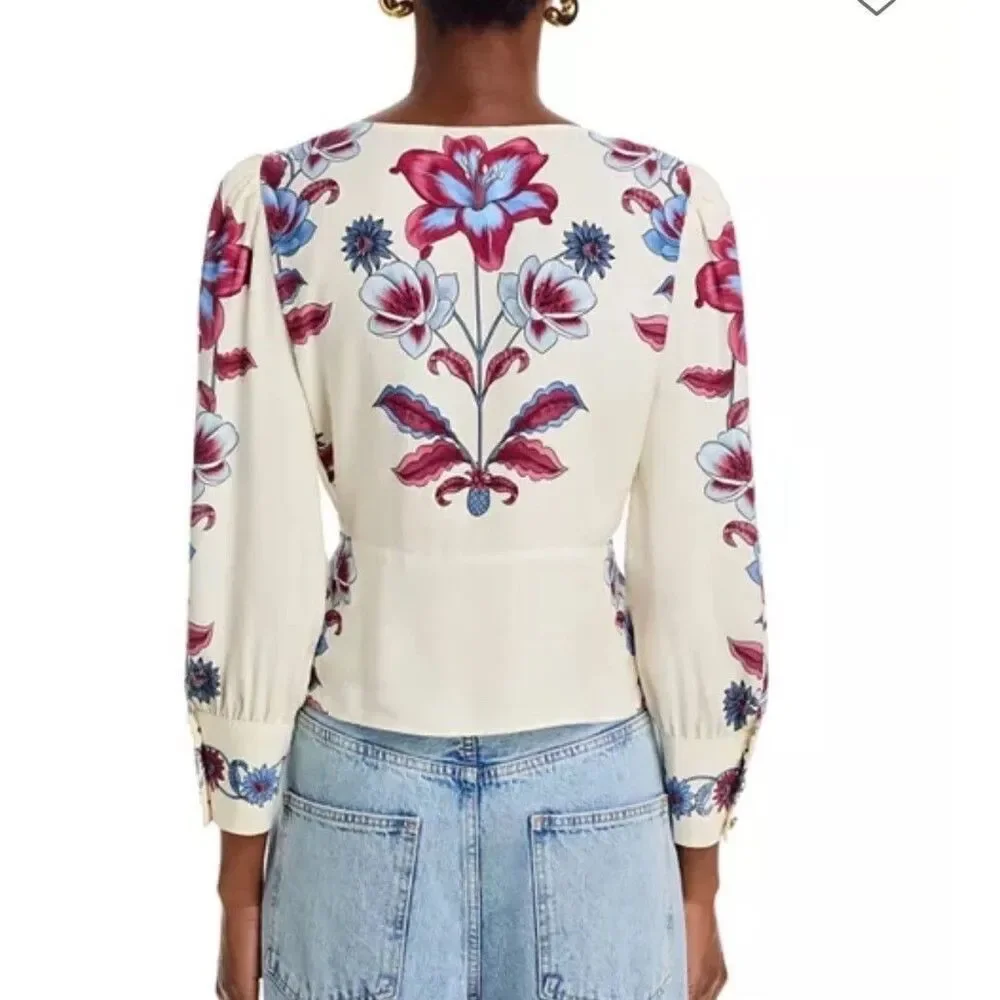 New Farm Rio Floral V-Neck Button Front Puff Sleeve Malu Blouse Top Size Small
